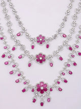 Dark Pink Floral Multi Strand Bridal Necklace Set in Brass