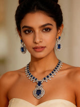 Blue and Pink Stone Studded Brass Necklace Set with Earrings