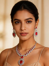 Blue and Pink Stone Studded Brass Necklace Set with Earrings