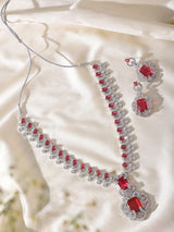 Blue and Pink Stone Studded Brass Necklace Set with Earrings