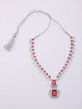 Blue and Pink Stone Studded Brass Necklace Set with Earrings