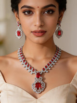 Blue and Pink Stone Studded Brass Necklace Set with Earrings