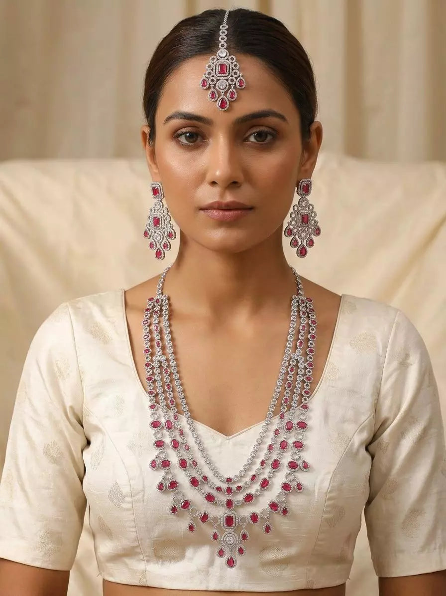 Cubic Zirconia Multi Strand Bridal Necklace Set with Maang Tikka