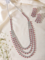 Moon and Star Brass Necklace and Earrings Set in Dark Pink