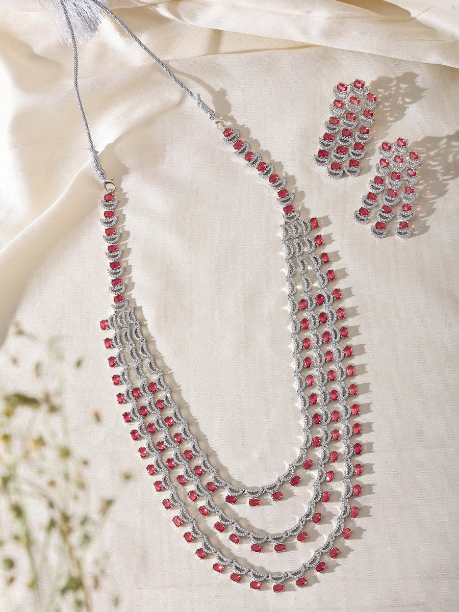 Moon and Star Brass Necklace and Earrings Set in Dark Pink