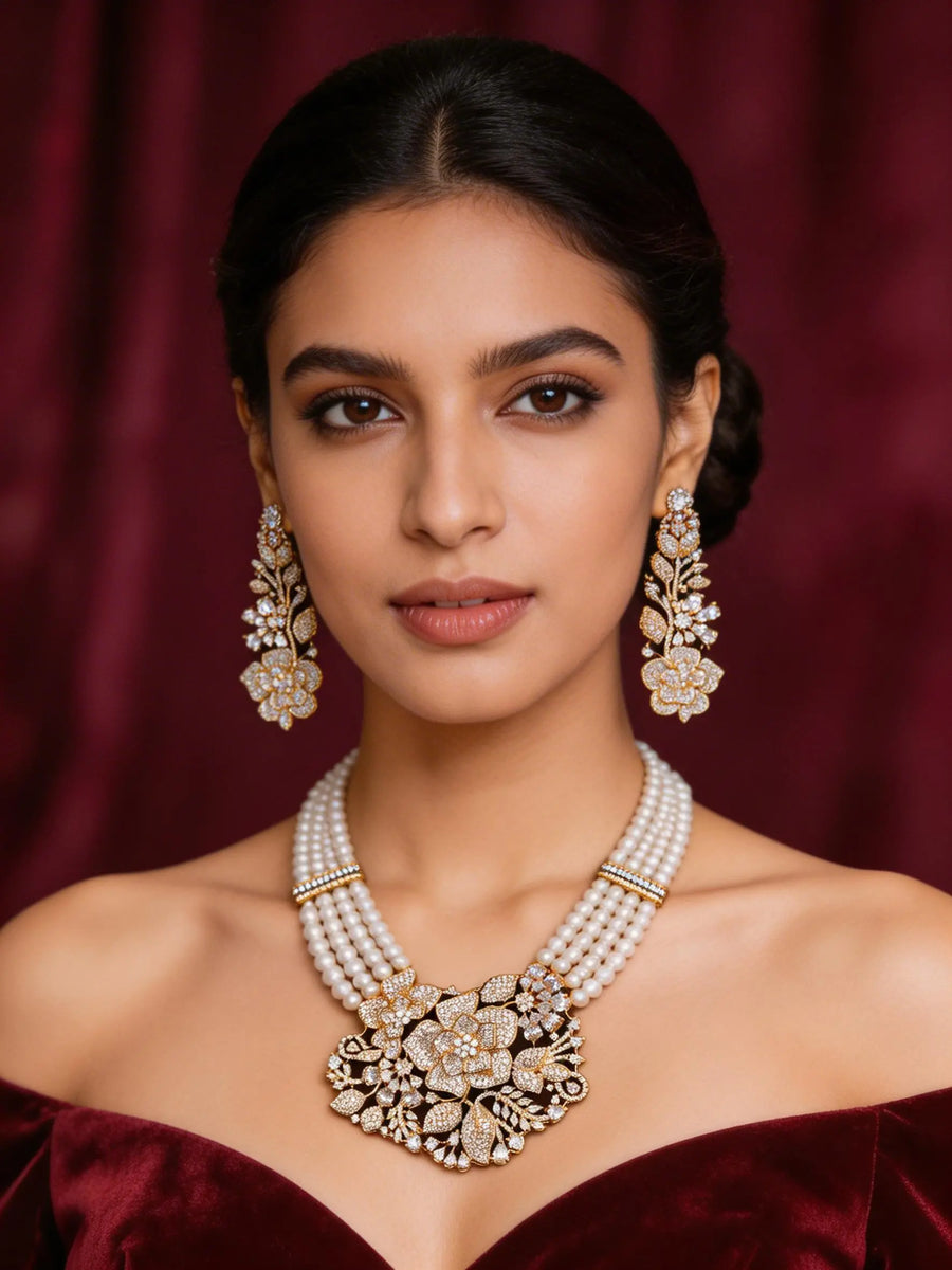 Floral American Diamond and Pearl Multi Strand Necklace Set
