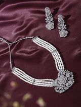 Floral American Diamond and Pearl Multi Strand Necklace Set