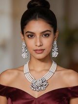 Floral American Diamond and Pearl Multi Strand Necklace Set