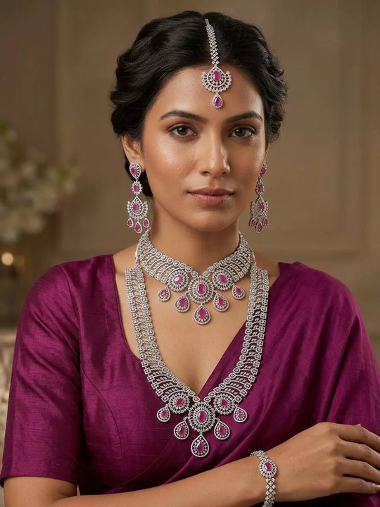 Dark Pink American Diamond Bridal Necklace Set with Earrings and Maang Tikka