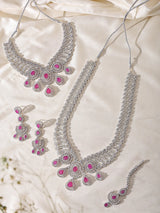 Dark Pink American Diamond Bridal Necklace Set with Earrings and Maang Tikka