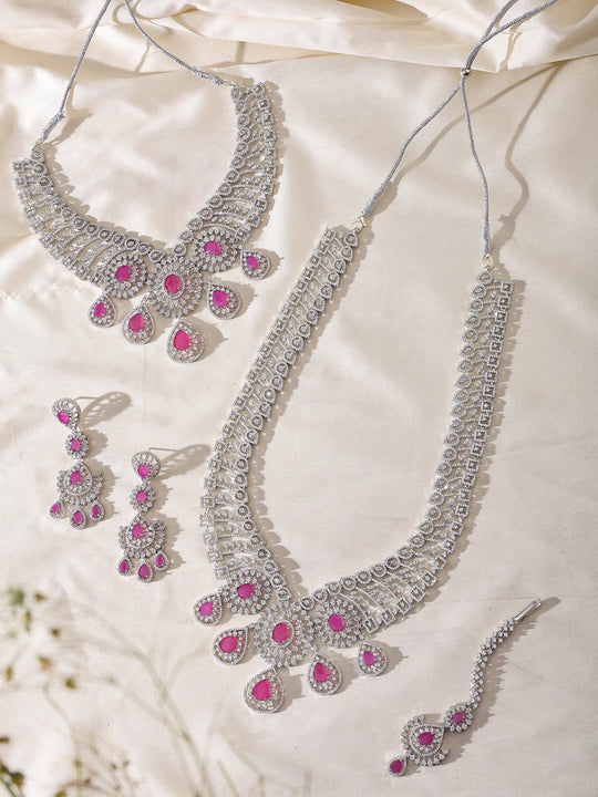 Dark Pink American Diamond Bridal Necklace Set with Earrings and Maang Tikka
