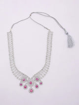 Dark Pink American Diamond Bridal Necklace Set with Earrings and Maang Tikka