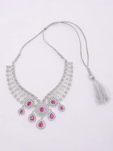 Dark Pink American Diamond Bridal Necklace Set with Earrings and Maang Tikka
