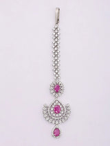 Dark Pink American Diamond Bridal Necklace Set with Earrings and Maang Tikka