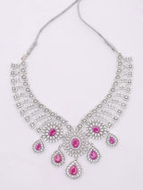 Dark Pink American Diamond Bridal Necklace Set with Earrings and Maang Tikka