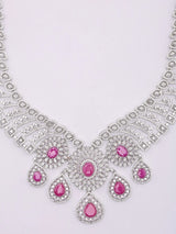 Dark Pink American Diamond Bridal Necklace Set with Earrings and Maang Tikka