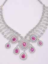 Dark Pink American Diamond Bridal Necklace Set with Earrings and Maang Tikka