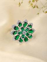 Floral Bloom Cubic Zirconia Adjustable Brass Ring