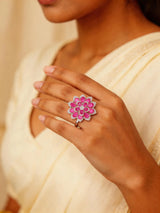 Floral Bloom Cubic Zirconia Adjustable Brass Ring