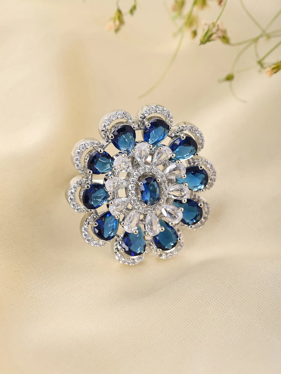Floral Halo American Diamond Adjustable Statement Ring