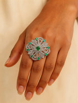 Emerald Green American Diamond Adjustable Brass Ring
