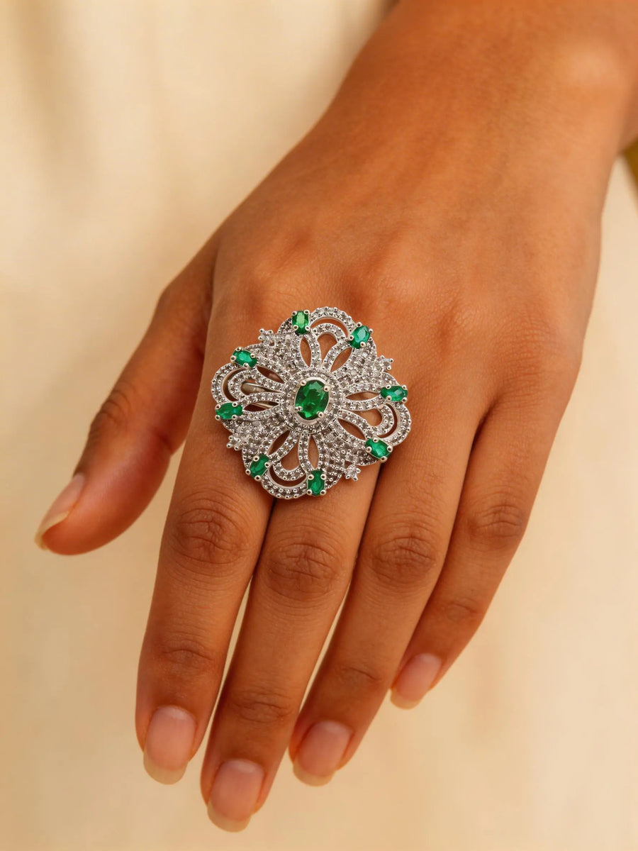 Emerald Green American Diamond Adjustable Brass Ring