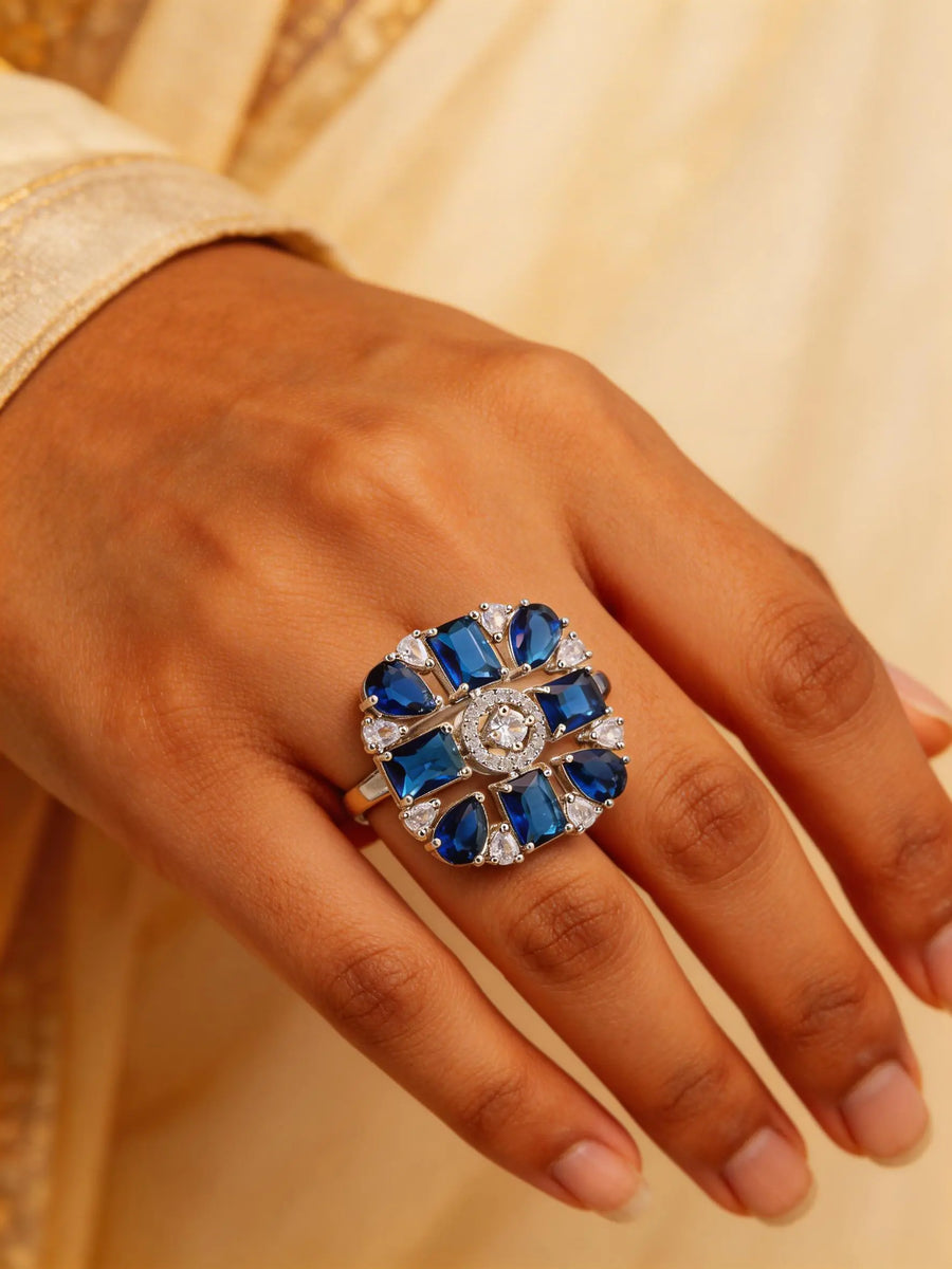 Blue and Sea Green Geometric Zircon Adjustable Ring