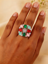Blue and Sea Green Geometric Zircon Adjustable Ring