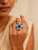 Floral Cluster Blue and Green American Diamond Cocktail Ring