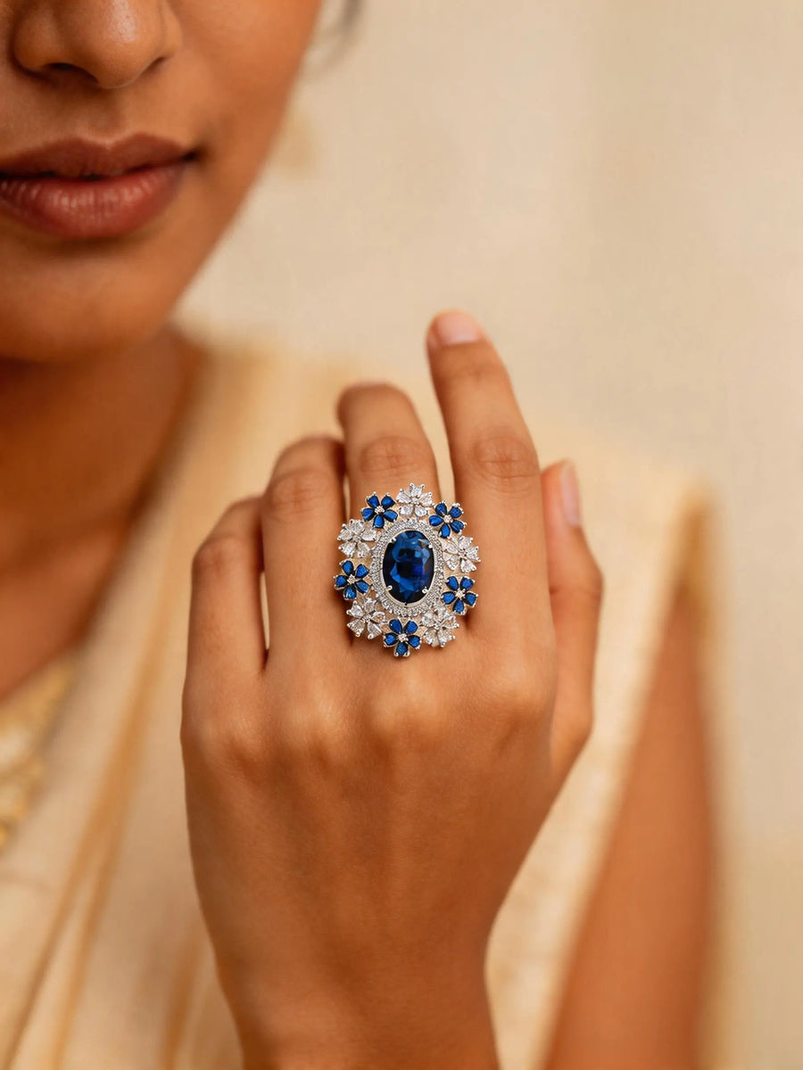 Floral Cluster Blue and Green American Diamond Cocktail Ring