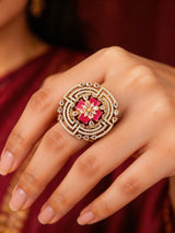 Geometric American Diamond and Stone Studded Brass Ring