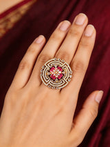 Geometric American Diamond and Stone Studded Brass Ring