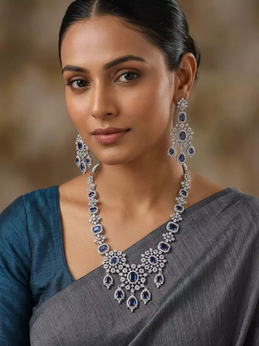 Floral Cluster American Diamond Necklace Set with Maang Tikka