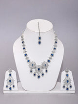 Floral Cluster American Diamond Necklace Set with Maang Tikka