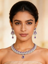 Blue and Purple Zircon Leaf Bridal Necklace Set in Brass