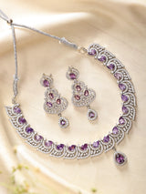 Blue and Purple Zircon Leaf Bridal Necklace Set in Brass