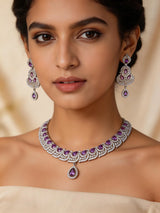 Blue and Purple Zircon Leaf Bridal Necklace Set in Brass