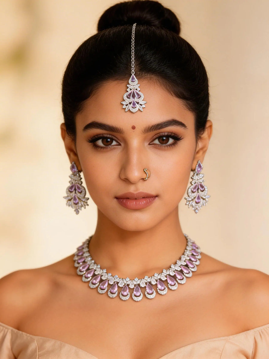 Teardrop American Diamond Bridal Necklace Set with Maang Tikka