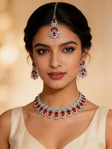 Teardrop American Diamond Bridal Necklace Set with Maang Tikka