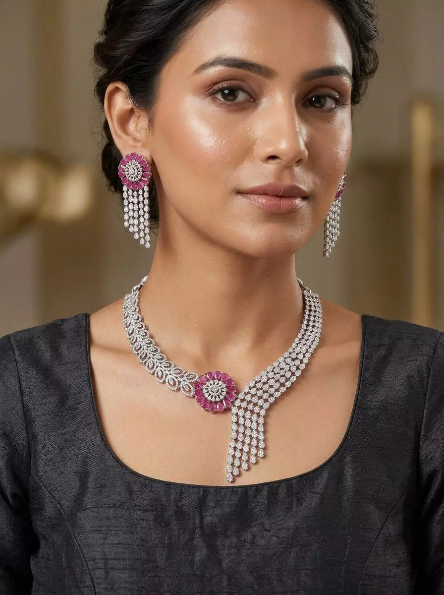 Floral American Diamond Bridal Necklace Set with Maang Tikka