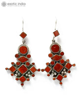 Coral Stone Geometric Sterling Silver Earrings