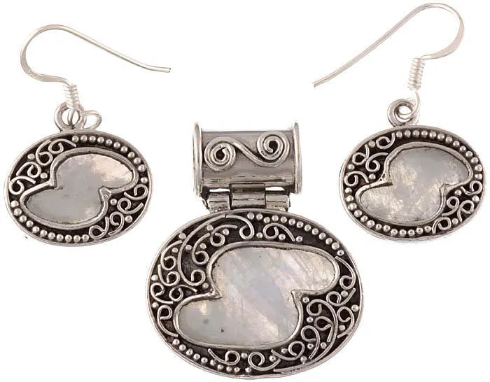 Rainbow Moonstone Sterling Silver Pendant and Earrings Set
