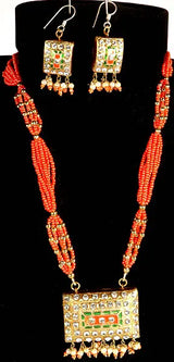 Salmon Lacquer and Crystal Bridal Necklace and Earrings Set
