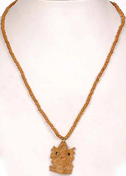 Carved Sandalwood Ganesha Pendant Necklace
