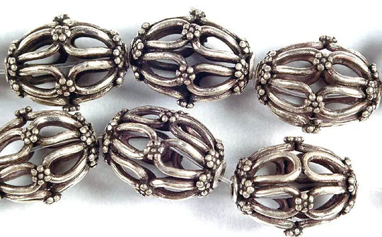Sterling Silver Lattice Drum Shaped Beads, Pair