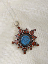 Coral and Turquoise Tribal Sunburst Sterling Silver Pendant