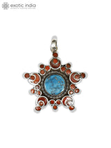 Coral and Turquoise Tribal Sunburst Sterling Silver Pendant