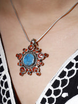 Coral and Turquoise Tribal Sunburst Sterling Silver Pendant